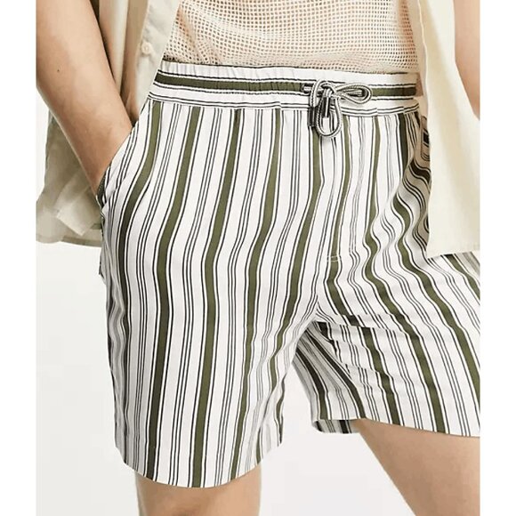 NATIVE YOUTH Olive Green/ Cream Farrell Striped Shorts - Picture 6 of 7
